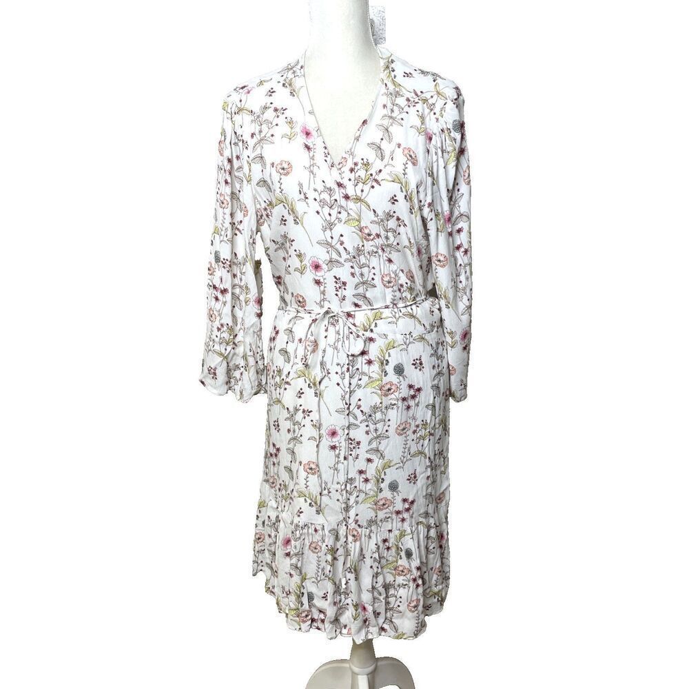 GAP Size XXL Floral Wrap Dress Ruffle 3/4 Sleeve Flowers 2X White V Neck